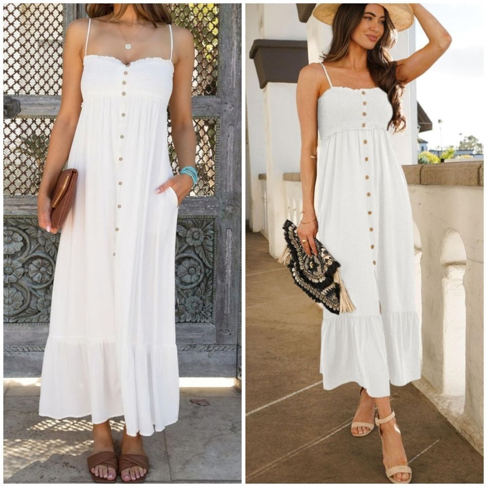 NWT Dokotoo Womens S Spaghetti Strap Button Down Smocked Beach White Maxi Dress